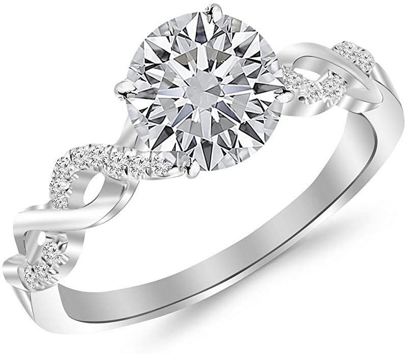 1.13 Carat 14K White Gold Twisting Infinity Gold and Diamond Split Shank Pave Set GIA Certified Round Cut Diamond Engagement Ring