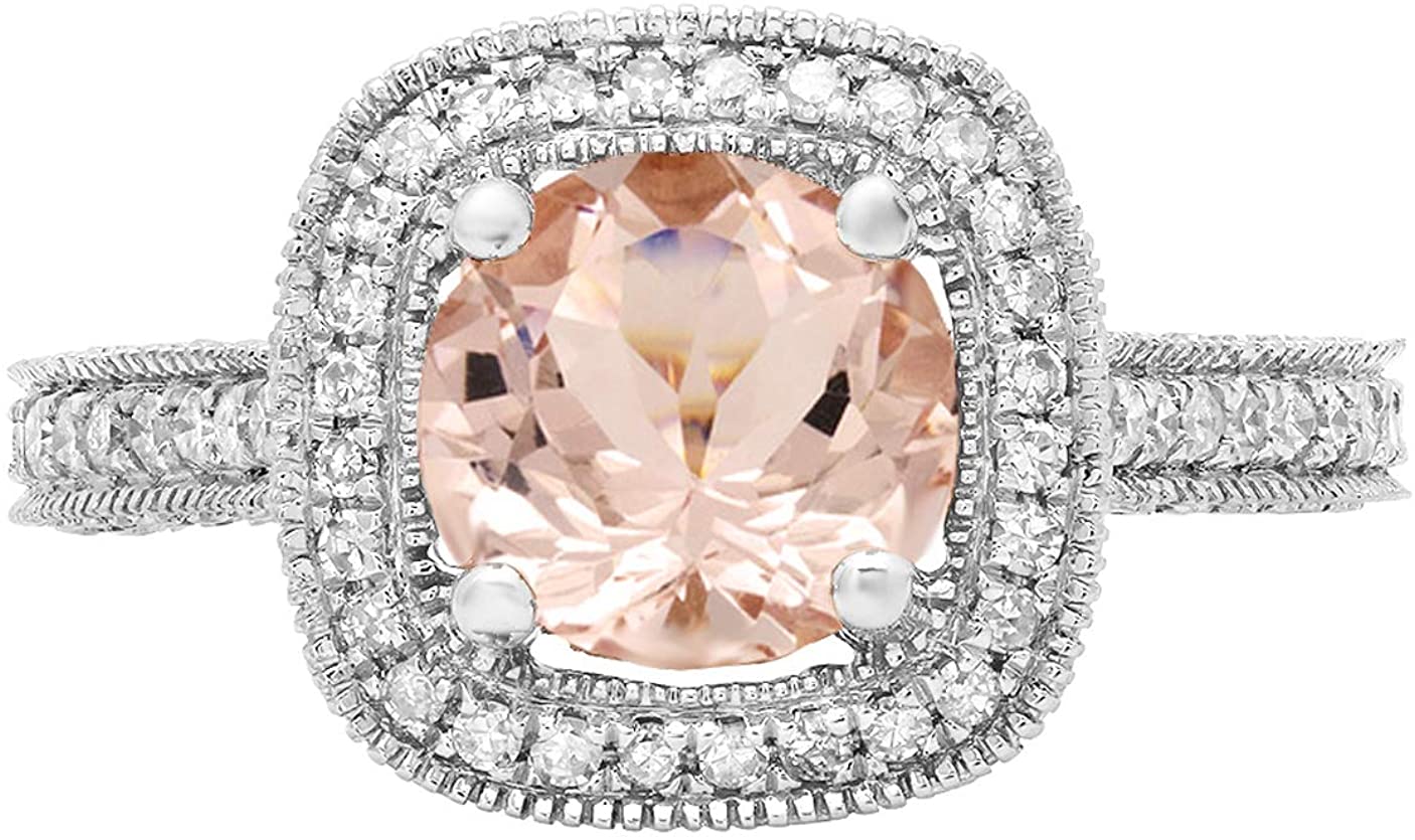 Round Morganite Gemstone & White Diamond Ladies Halo Style Bridal Engagement Ring, White Gold