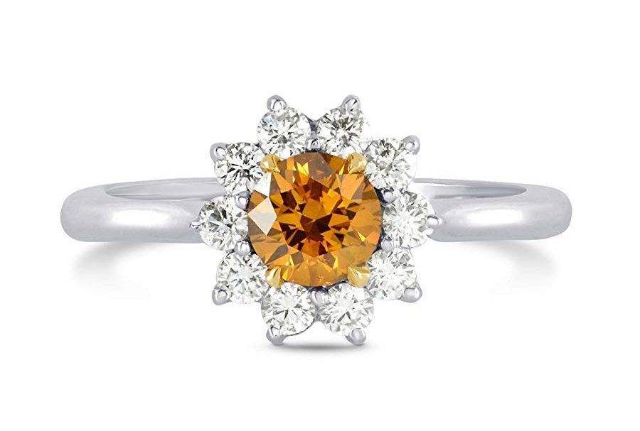 0.87Cts Orange Diamond Engagement Halo Ring Set in 18K White Yellow Gold GIA Size 6