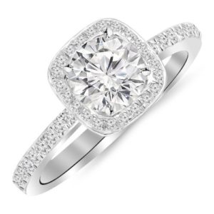1 Carat 14K White Gold Classic Halo Style Cushion Shape Diamond Engagement Ring with a 0.75 Carat J-K I1 Center