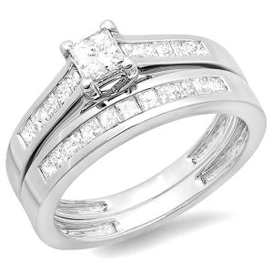 1.00 Carat (ctw) 14k White Gold Princess Diamond Ladies Bridal Ring Engagement Set Wedding Band 1 CT