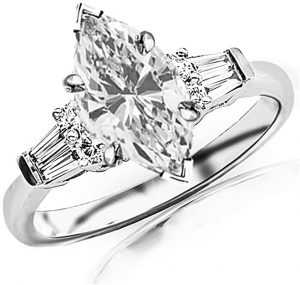 1.1 Carat t.w. GIA Certified Marquise Cut 14K White Gold Prong Set Round and Baguette Diamond Engagement Ring