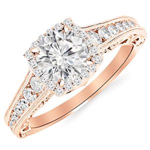 1.5 Carat 14K White Gold Vintage Halo Style Channel Set Round Brilliant Diamond Engagement Ring Milgrain with a 0.75 Carat Moissanite Center
