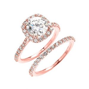 10k Rose Gold 3 Carat CZ Solitaire Halo Proposal Engagement and Wedding Ring Set