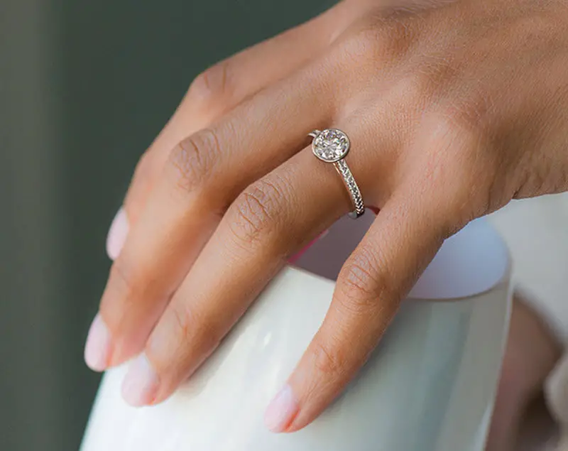 14K White Gold Bezel Set Pave Diamond Engagement Ring