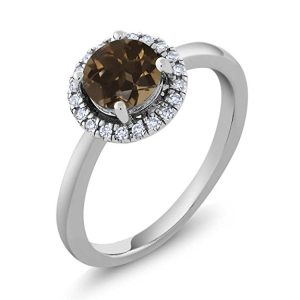 14K White Gold 0.90 Ct Round Brown Smoky Quartz Diamond Halo Engagement Ring