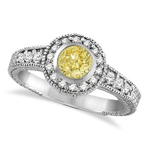 14k Gold Yellow Canary and White Diamond Antique Style Ring 14K W Gold
