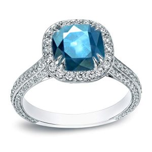 18k Gold Cushion-cut Blue Diamond Halo Engagement Ring