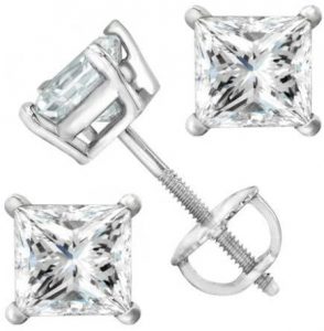 2 Carat Solitaire Diamond Stud Earrings Princess Cut 4 Prong Screw Back (I-J Color, I2 Clarity)