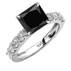 2.9 Carat t.w 14K White Gold Classic Side Stone Prong Set Diamond Engagement Ring w a 2 Carat Princess Cut Black Diamond Heirloom Quality