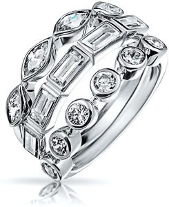 3 Set Geometric Cubic Zirconia Baguette Marquise Round CZ Stackable Wedding Band Ring Set For Women 925 Sterling Silver