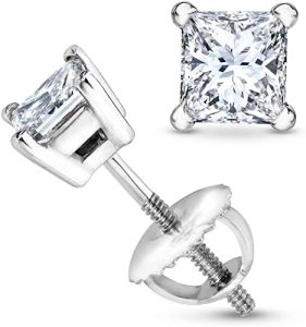 34 Carat Solitaire Diamond Stud Earrings Princess Cut 4 Prong Screw Back (J-K Color, SI1-SI2 Clarity)