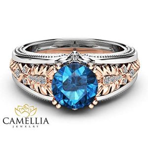 Blue Diamond Vintage Ring 14K White and Rose Gold Ring 2 Carat Engagement Ring