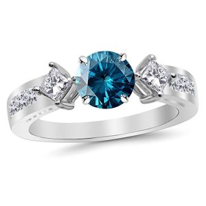 Channel Set 3 Three Stone Princess Diamond Engagement Ring with a 3 Carat Blue Diamond Heirloom Quality Center