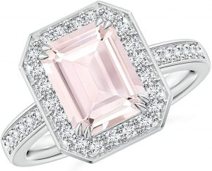 Emerald-Cut Morganite Engagement Ring with Diamond Halo (9x7mm Morganite)