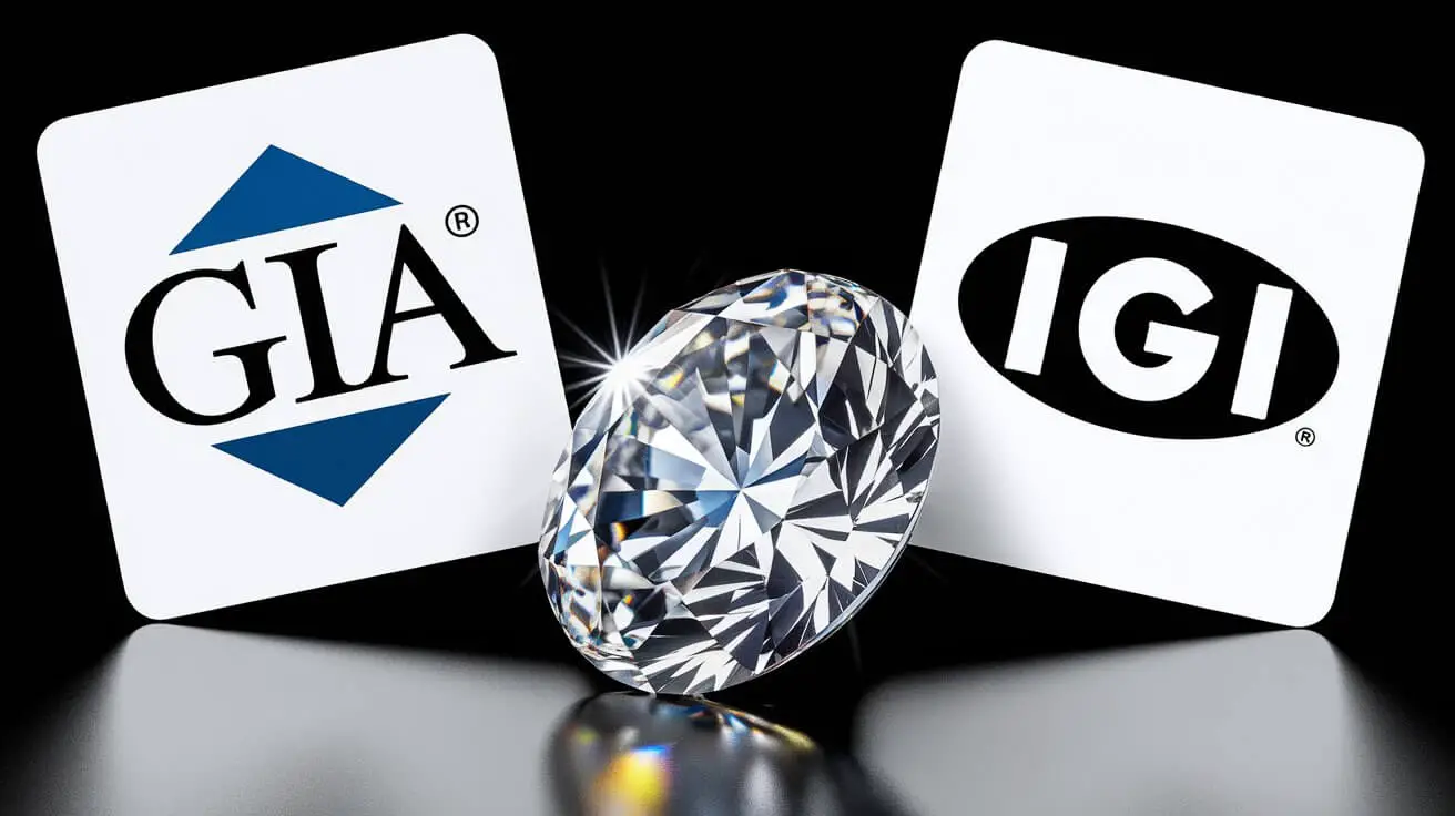 Create a high-quality image of a brilliant-cut diamond positioned between two certification cards - GIA on the left and IGI on the right - with subtle lighting highlighting the diamond. The certification cards show their respective logos clearly but be angled to create visual interest.