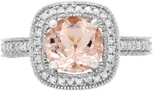 Round Morganite Gemstone & White Diamond Ladies Halo Style Bridal Engagement Ring, White Gold