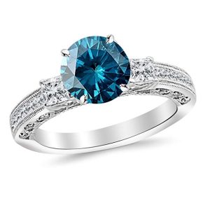 Three 3 Stone Princess Cut Channel Set Diamond Engagement Ring with a 3 Carat Blue Diamond Heirloom Quality Center