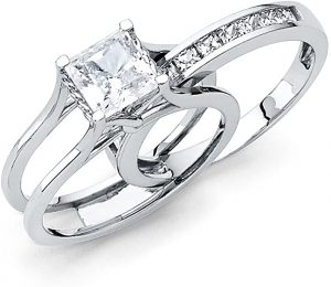 Universal Jewels Solid 14k White Gold 2 Ct. Bridal Set Princess Cut Solitaire Engagement Ring with Wedding Band