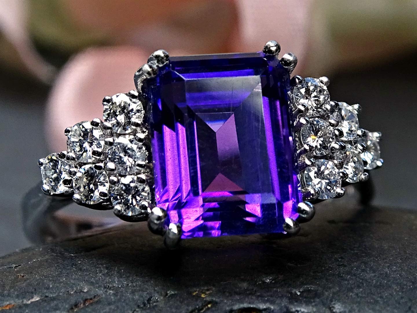 Oval Dark Purple Amethyst Filigree Engagement Ring with Diamond Accent